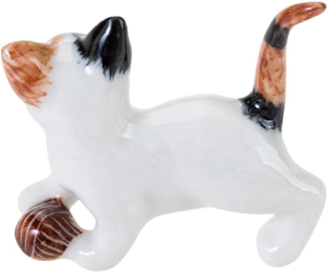 WitnyStore Tiny 1½" Calico Tricolor Shorthair Cat Standing Play Ball Figurine - Miniature Hand Made Painted Ceramic Cats Kitten Feline Animal Cute Porcelain Decorative Collectible Figure Décor Gifts