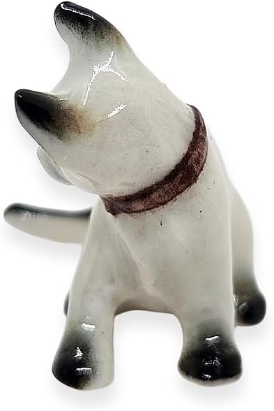 WitnyStore Tiny 1" White Gray Pointed Shorthair Siamese Cat Sitting Look Right Figurine - Miniature Hand Made Ceramic Cats Kitten Feline Animal Cute Porcelain Decorative Collectible Figure Décor Gifts
