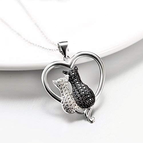 Cat Necklaces 925 Sterling Silver Jewelry Cute Double Two-Tone Cat Pendant Cubic Zirconia Necklace Rolo Chain,Eternal Love Heart Necklace for Women,Girls