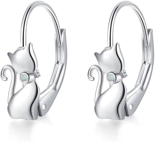 Cat Gifts Earrings Sterling Silver Cute Small Animal Cats Dangle Leverback Jewelry Gifts for women cat Lovers