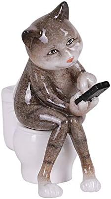 Pacific Giftware Lazy Cat Figurine, Hiding Inside The Restroom to Play with Cell Phone on Top of Toilet