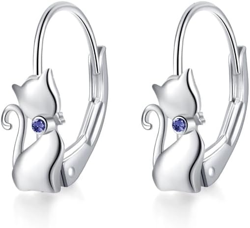 Cat Gifts Earrings Sterling Silver Cute Small Animal Cats Dangle Leverback Jewelry Gifts for women cat Lovers