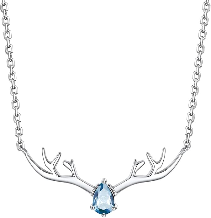 Silvora 925 Sterling Silver Deer Antler Necklace, Antler Deer Jewelry Antler Pendant Choker Birthstone Necklace Christmas Jewelry for Women