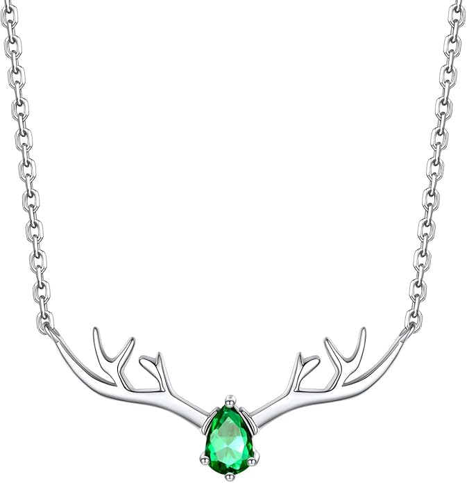 Silvora 925 Sterling Silver Deer Antler Necklace, Antler Deer Jewelry Antler Pendant Choker Birthstone Necklace Christmas Jewelry for Women