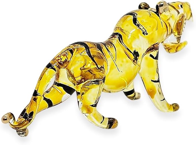 Tiny 3" Yellow Roaring Bengal Tiger - Miniature Hand Blown Glass Tigers Panthera Wild Cats Small Crystal Wildlife Animals Decorative Figures Collectible Figurines Décor Gifts