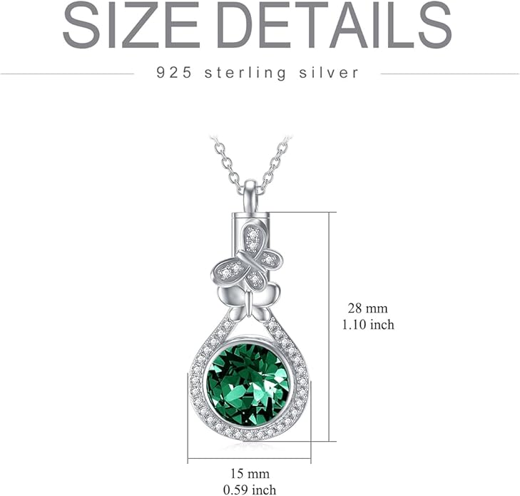 AOBOCO Butterfly Urn Necklace for Ashes 925 Sterling Silver Butterfly Cremation Jewelry Memorial Keepsake Pendant with 12 Months Birthstone Crystal from Austria