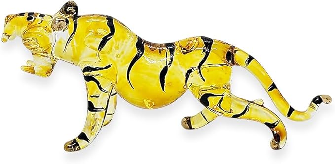 Tiny 3" Yellow Roaring Bengal Tiger - Miniature Hand Blown Glass Tigers Panthera Wild Cats Small Crystal Wildlife Animals Decorative Figures Collectible Figurines Décor Gifts