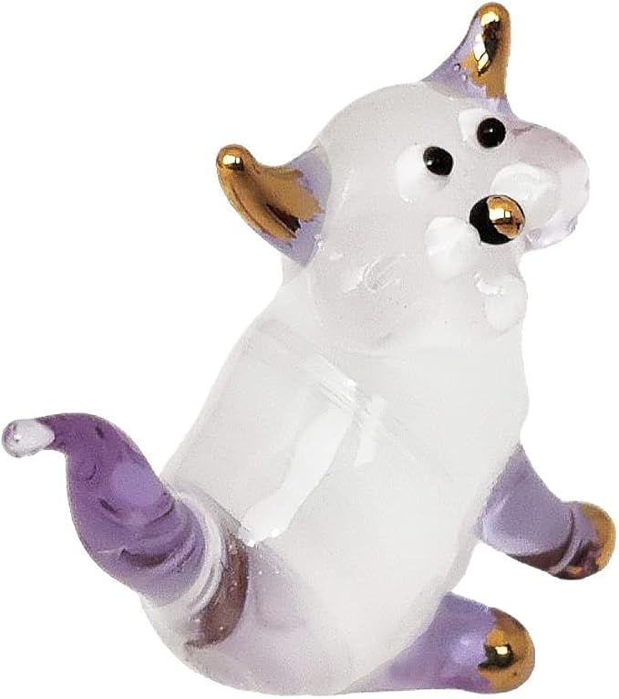 Tiny 1½" White Purple Sitting Look Right Cat Figurine Miniature Hand Blown Glass Cats Kitten Feline Animals Cute Colorful Crystal Decorative Collectible Figurines Décor Gifts