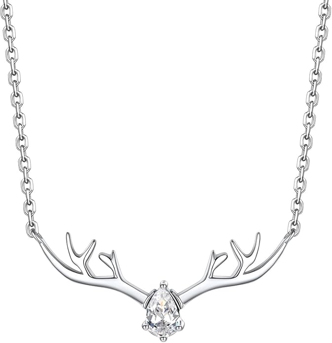 Silvora 925 Sterling Silver Deer Antler Necklace, Antler Deer Jewelry Antler Pendant Choker Birthstone Necklace Christmas Jewelry for Women