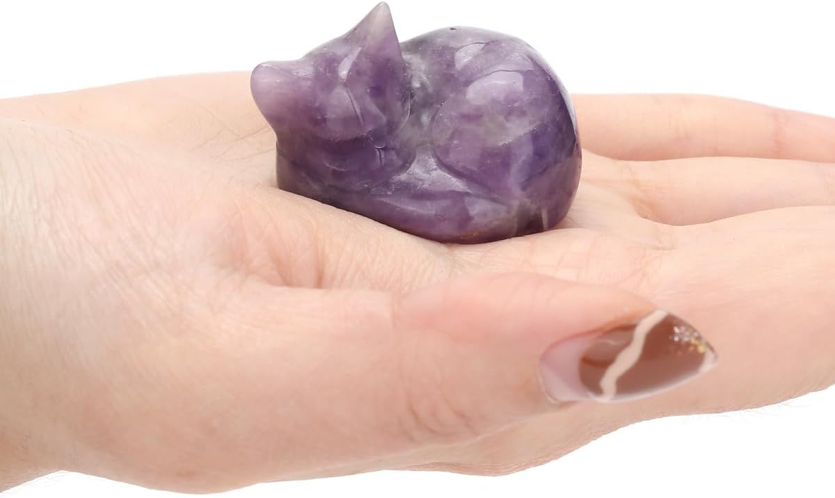 Top Plaza 1.6" Amethyst Cat Crystal Statue Cute Sleeping Cat Figurine Polished Carved Gemstones Sculpture Home Office Desk Decor Balancing Meditation Crystal Gifts for Women Cat Lover