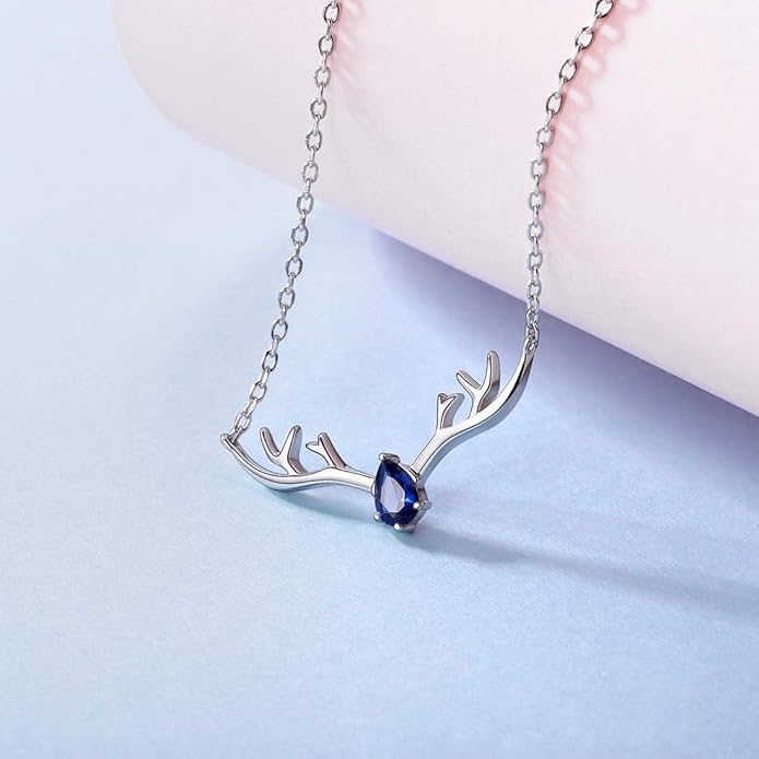 SILVERCUTE Sterling Silver Birthstone Necklaces for Women, Xmas Antler Deer Pendant Necklace with Colorful Cubic Zirconia,16-18 inches