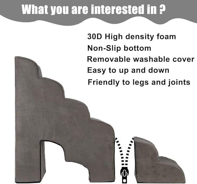 Dog Stairs for High Beds 25-30 inches Tall, 6-Step Dog Steps for High Bed for Doggies/Kitties, 30D Foam Pet Stairs Steps for Small Dogs, Dog Ramp/Ladder for Old Dogs/Cats, Grey