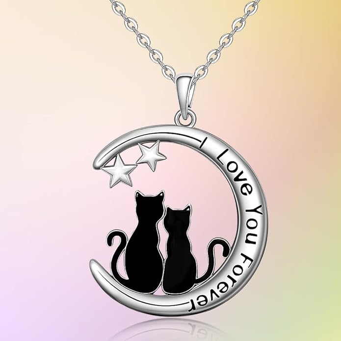 Fenthring Black Cat Necklace Sterling Silver Crescent Moon Pendant Cute Cat Couples Friendship Animal I Love You Forever Necklaces for Women Cats Halloween Christmas Holiday Jewelry