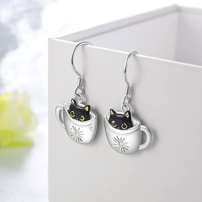 Black Cat Earrings 925 Sterling Silver Mushroom Cat/Black Cat/Panda/Sloth/Capybara/Boston Terrier/Shih Tzu Dangle Earrings Cute Animal Drop Earrings Jewelry Gifts for Women