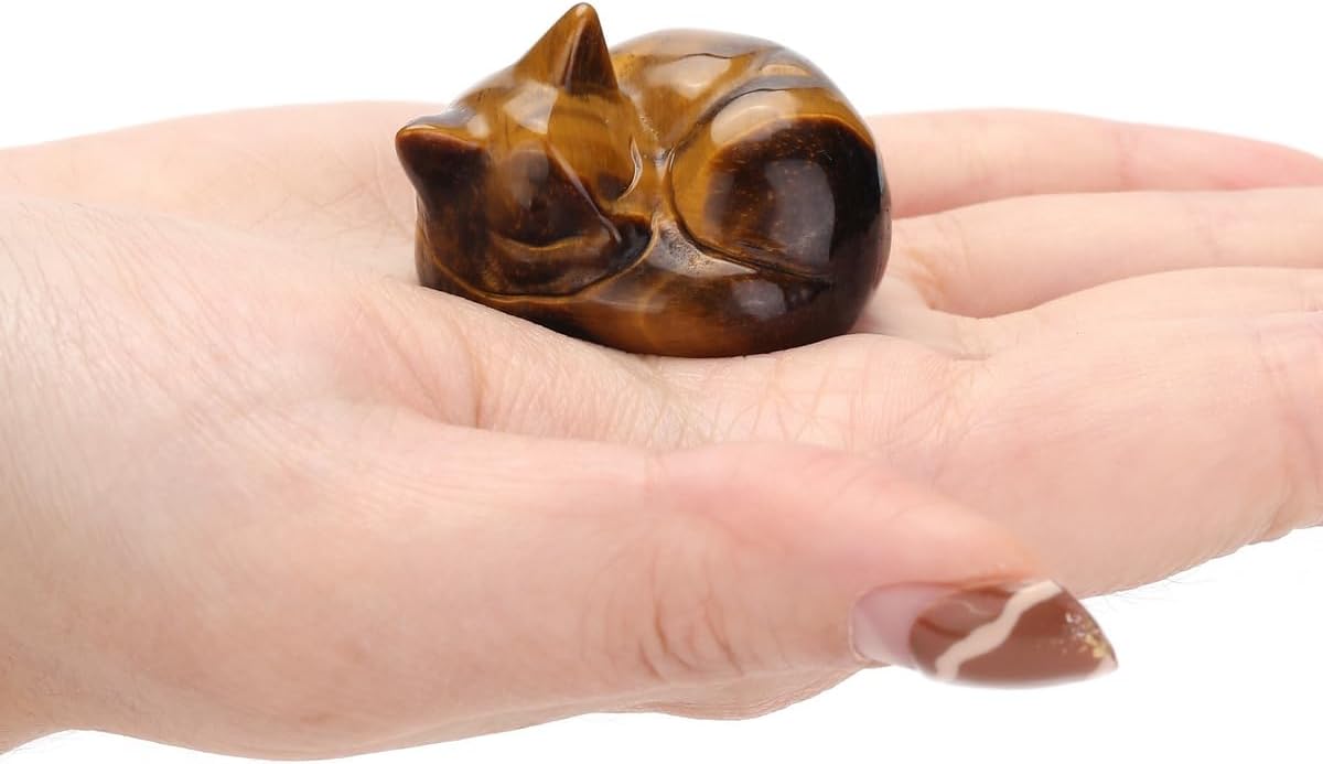 Top Plaza 1.6" Tiger Eye Stone Cat Crystal Statue Cute Sleeping Cat Figurine Polished Carved Gemstones Sculpture Home Office Desk Decor Balancing Meditation Crystal Gifts for Women Cats Lover