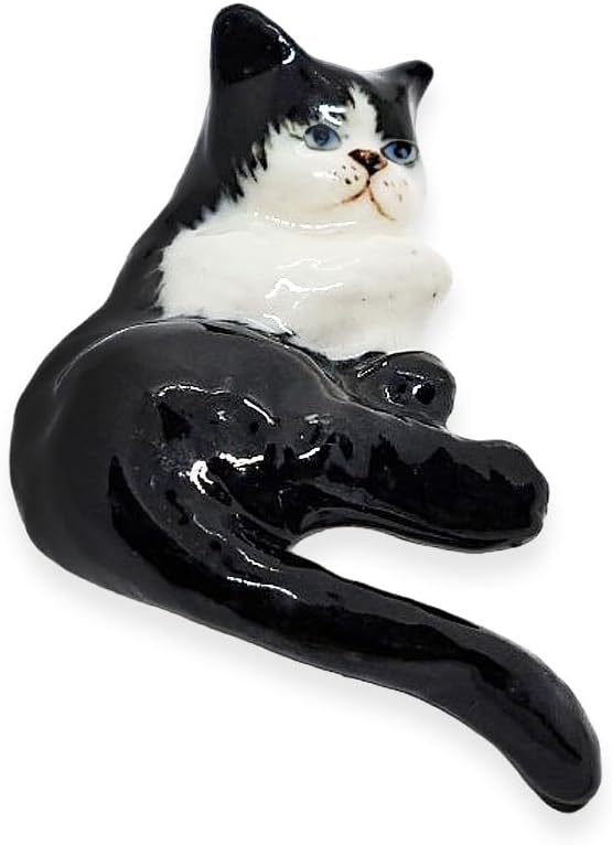 WitnyStore Tiny 1⅜" Black White Tuxedo Shorthair Cat Lying Tail Hang Off Figurine - Miniature Hand Made Ceramic Cats Kitten Feline Animal Cute Porcelain Decorative Collectible Figurines Décor Gifts
