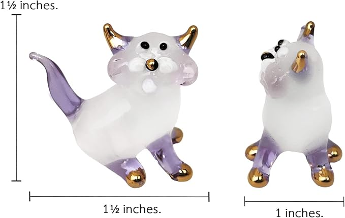 Tiny 1½" White Purple Sitting Look Right Cat Figurine Miniature Hand Blown Glass Cats Kitten Feline Animals Cute Colorful Crystal Decorative Collectible Figurines Décor Gifts