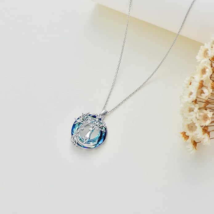 TOUPOP Cat Gifts for Cat Lovers Sterling Silver Cute Cat Tree of Life Pendant Necklace with Blue Circle Crystal Birthday Christmas Jewelry Gifts for Women