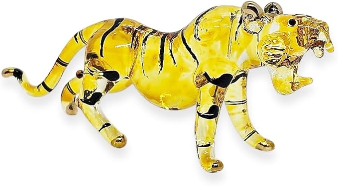 Tiny 3" Yellow Roaring Bengal Tiger - Miniature Hand Blown Glass Tigers Panthera Wild Cats Small Crystal Wildlife Animals Decorative Figures Collectible Figurines Décor Gifts