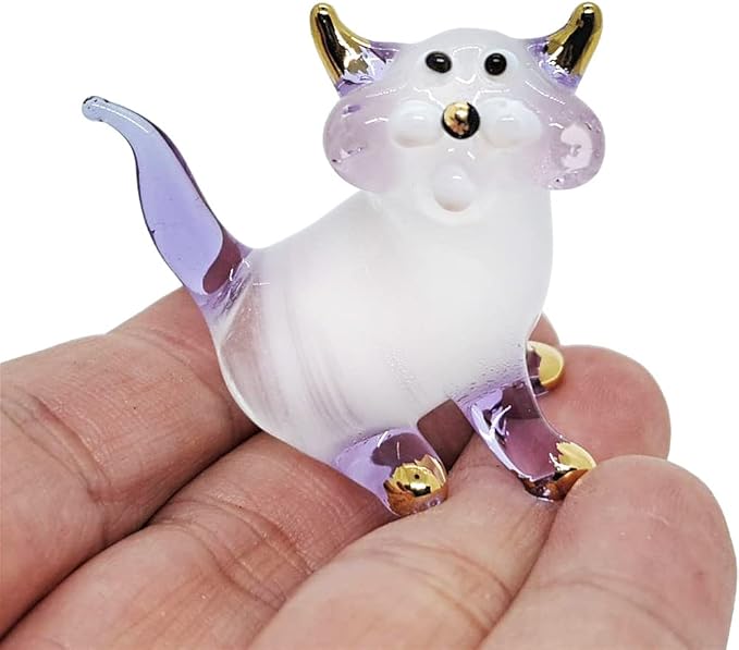 Tiny 1½" White Purple Sitting Look Right Cat Figurine Miniature Hand Blown Glass Cats Kitten Feline Animals Cute Colorful Crystal Decorative Collectible Figurines Décor Gifts