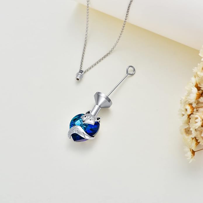 Animal Crystal Urn Necklace For Ashes Sterling Silver Butterfly Dragonfly Bee Phoenix Peacock Hummingbird Fox Angel Wing Pentagram Pentacle Cremation Necklace Heart Teardrop Urn Holder Necklaces For Women Memorial Jewelry