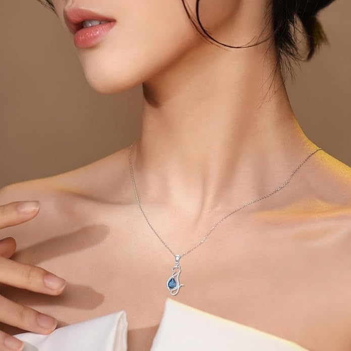 Sterling Silver Blue Topaz/Diamond Cat Pendant Necklace - Jewelry Gifts for Cat Lovers (18"+2")