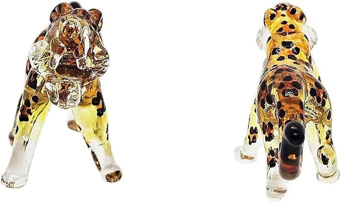 ChangThai Design Tiny 3½" Yellow Black Spotted Roaring Leopard Cheetah Jaguar Figurine - Miniature Hand Blown Glass Wild Cats Wildlife Felidae Animal Crystal Decorative Collectible Figures Décor Gifts