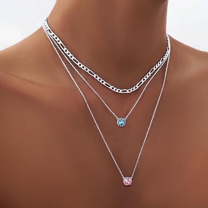SILVERCUTE Sterling Silver Birthstone Necklace for Women,Dainty Silver Pendant Necklace with Round Cubic Zirconia,16"-18"