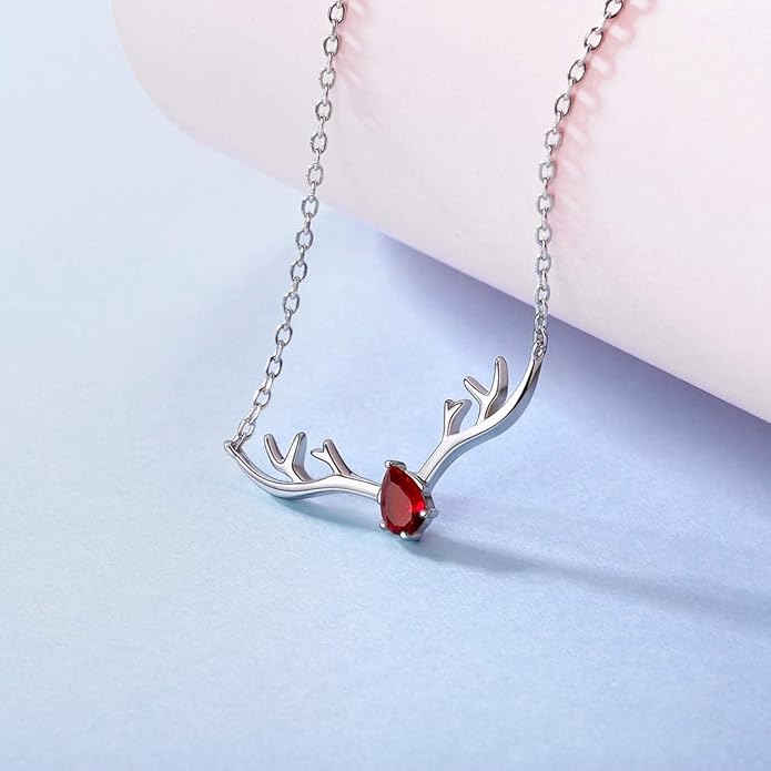 SILVERCUTE Sterling Silver Birthstone Necklaces for Women, Xmas Antler Deer Pendant Necklace with Colorful Cubic Zirconia,16-18 inches