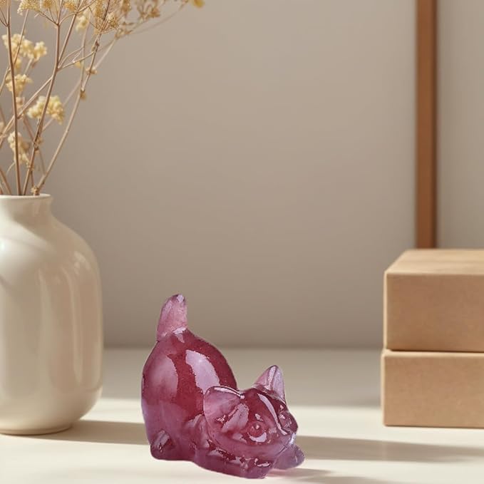Strawberry Quartz Cat Crystal Statue Healing Crystal Reiki Meditation Pocket Gem Guardian Sculpture Home Study Table Desk Decor Collection Gift for Loved Ones