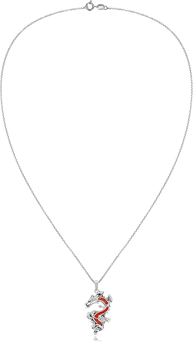 AeraVida Legendary Chinese Dragon Charm Stone Inlaid Accent .925 Sterling Silver Pendant on 18-inch Chain Necklace | Dragon Jewelry Necklace Accessory for Men Women Unisex