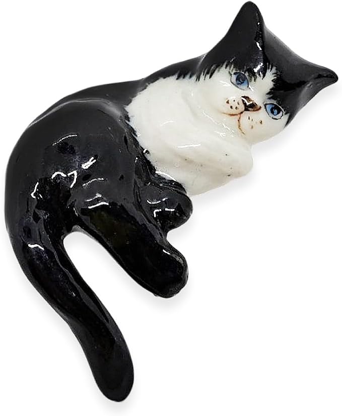 WitnyStore Tiny 1⅜" Black White Tuxedo Shorthair Cat Lying Tail Hang Off Figurine - Miniature Hand Made Ceramic Cats Kitten Feline Animal Cute Porcelain Decorative Collectible Figurines Décor Gifts