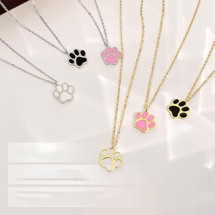 Cute Puppy Dog Paw Print Pendant Necklace 925 Sterling Silver Enameled Cat Kitten Animal Pet Adjustable Necklaces Dainty Birthday Christmas Jewelry Gifts for Women 18" Chain