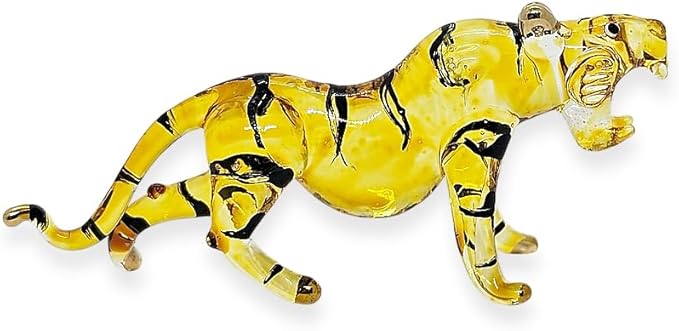 Tiny 3" Yellow Roaring Bengal Tiger - Miniature Hand Blown Glass Tigers Panthera Wild Cats Small Crystal Wildlife Animals Decorative Figures Collectible Figurines Décor Gifts