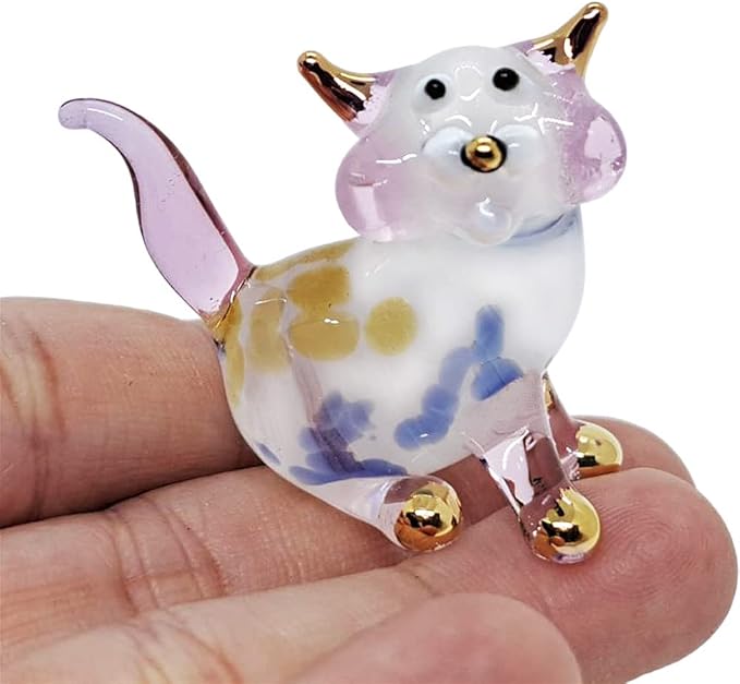 Tiny 1½" White Pink Yellow Blue Sitting Look Right Cat Figurine Miniature Hand Blown Glass Cats Kitten Feline Animals Cute Crystal Decorative Collectible Figurines Décor Gifts
