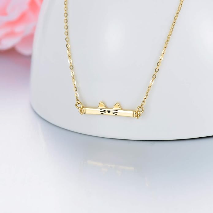 SISGEM 14K Real Gold Cat Bar Necklace for Women,Yellow Gold Cute Cat Pendant Necklaces Christmas Birthday Gifts for Her 16''-18''