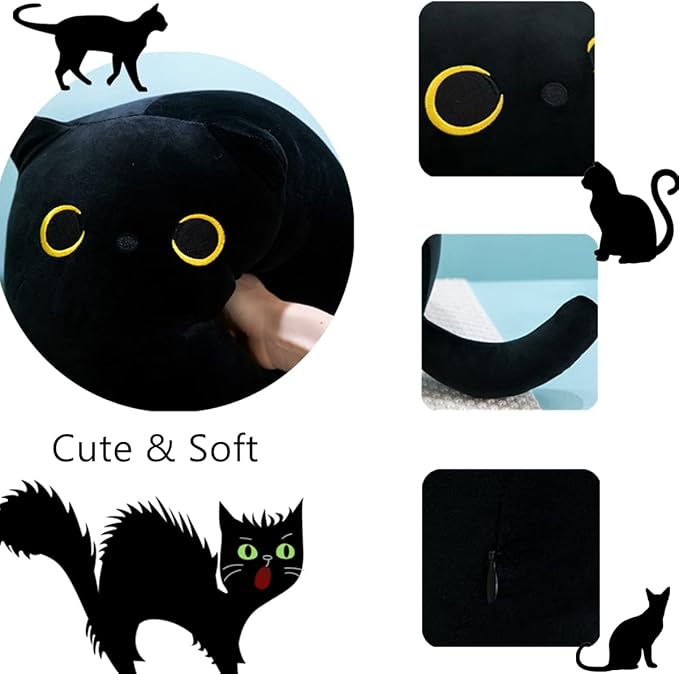 Long Black Cat Plush Body Pillow,35.43'' Kawaii Black Cat Plush Kitten Plush Sleeping Pillow Soft Cat Stuffed Animal Sofa Pillow Toys Gift for Kids Girlfriend
