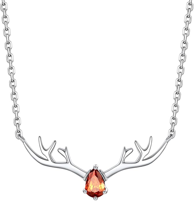 Silvora 925 Sterling Silver Deer Antler Necklace, Antler Deer Jewelry Antler Pendant Choker Birthstone Necklace Christmas Jewelry for Women