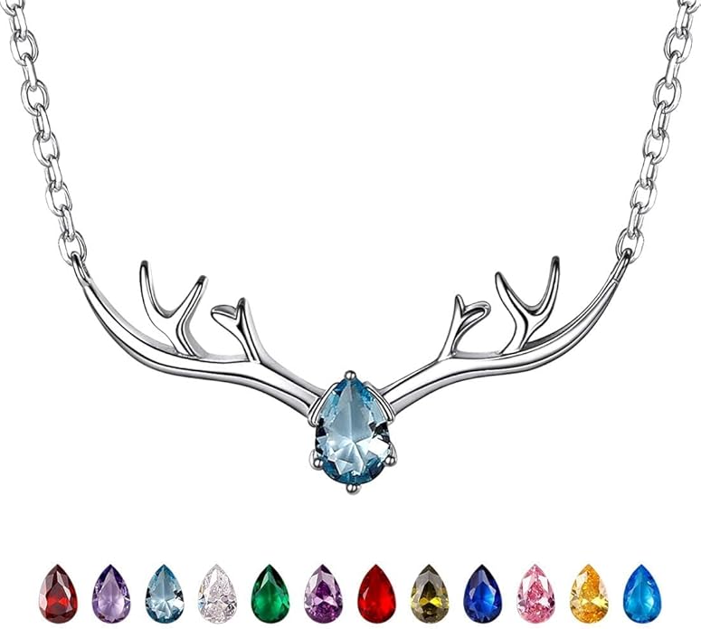 SILVERCUTE Sterling Silver Birthstone Necklaces for Women, Xmas Antler Deer Pendant Necklace with Colorful Cubic Zirconia,16-18 inches