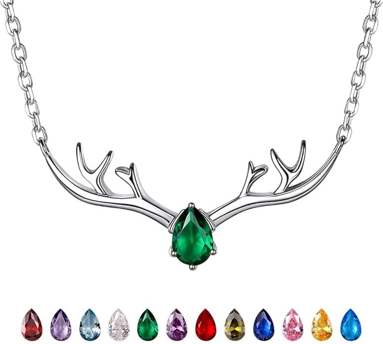 SILVERCUTE Sterling Silver Birthstone Necklaces for Women, Xmas Antler Deer Pendant Necklace with Colorful Cubic Zirconia,16-18 inches