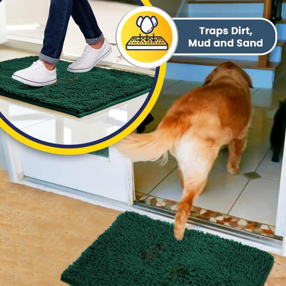 Muddy Mat® AS-SEEN-ON-TV Highly Absorbent Microfiber Door Mat and Pet Rug, Non Slip Thick Washable Area and Bath Mat Soft Chenille for Kitchen Bedroom Indoor and Outdoor - Dark Green 24" x 120"