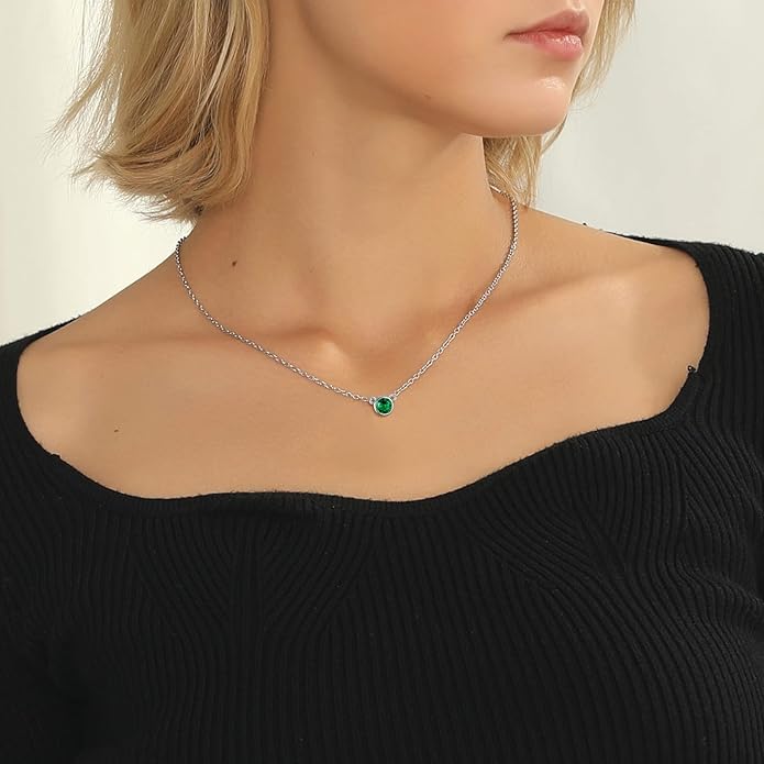 SILVERCUTE Sterling Silver Birthstone Necklace for Women,Dainty Silver Pendant Necklace with Round Cubic Zirconia,16"-18"