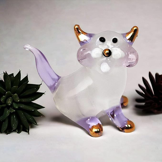 Tiny 1½" White Purple Sitting Look Right Cat Figurine Miniature Hand Blown Glass Cats Kitten Feline Animals Cute Colorful Crystal Decorative Collectible Figurines Décor Gifts