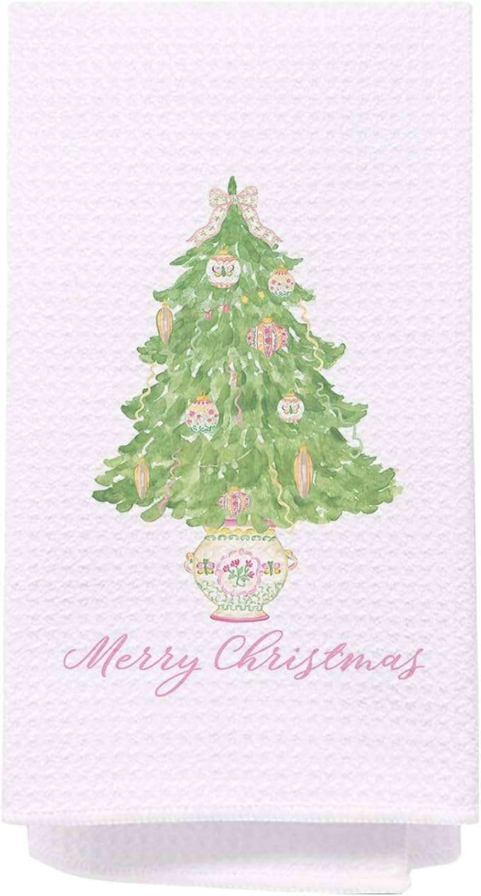 SPBL&L Chinoiserie Christmas Kitchen & Bath Towels, Light Green Tree Dish Towels, Grandmillennial Decor, 16x24 Inches