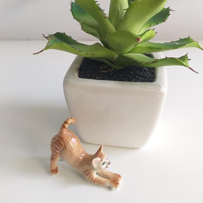 Ceramic Cat Figurine Porcelain Kitten Stretching Post Adorable Pet Kitty Collectible Miniature Hand Painted Animal Gift Decor Calico Brown Tabby