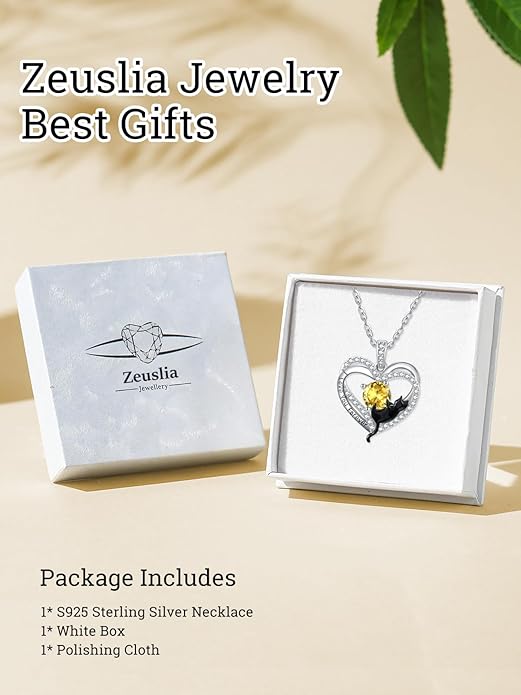 Birthstone Cat Necklaces,925 Sterling Silver Cat Necklace Heart Pendant for Women,Dainty Animal Jewelry for Her,Wedding Anniversary Birthday Gifts for Women Mom Grandma