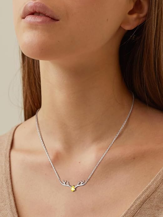 Silvora 925 Sterling Silver Deer Antler Necklace, Antler Deer Jewelry Antler Pendant Choker Birthstone Necklace Christmas Jewelry for Women