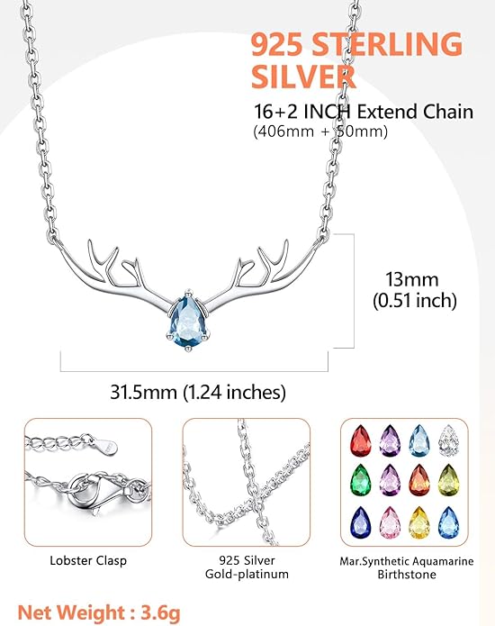 Silvora 925 Sterling Silver Deer Antler Necklace, Antler Deer Jewelry Antler Pendant Choker Birthstone Necklace Christmas Jewelry for Women