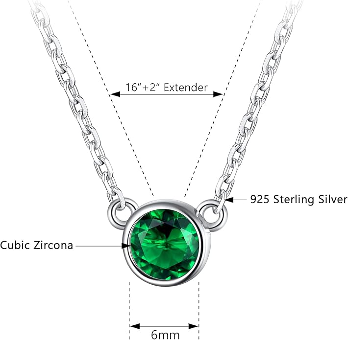 SILVERCUTE Sterling Silver Birthstone Necklace for Women,Dainty Silver Pendant Necklace with Round Cubic Zirconia,16"-18"