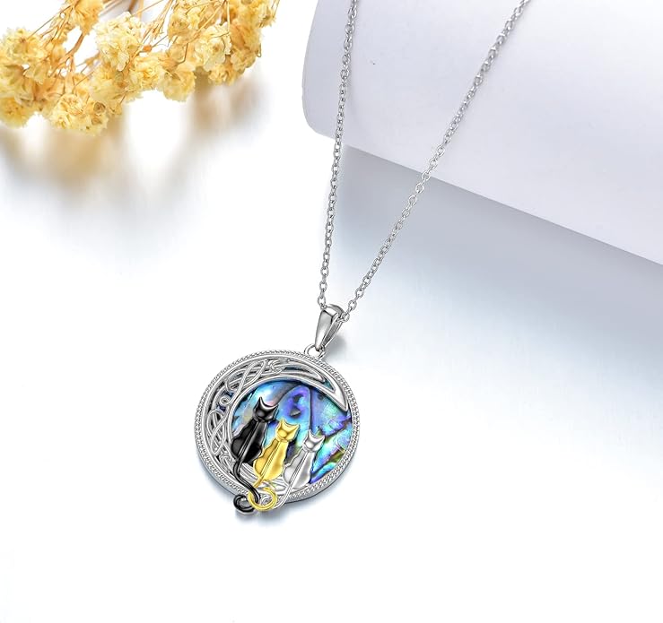 TOUPOP Cat Necklace Sterling Silver Abalone Shell Celtic Cat on the Moon with Abalone Shell Birthday Christmas Jewelry Gifts for Women